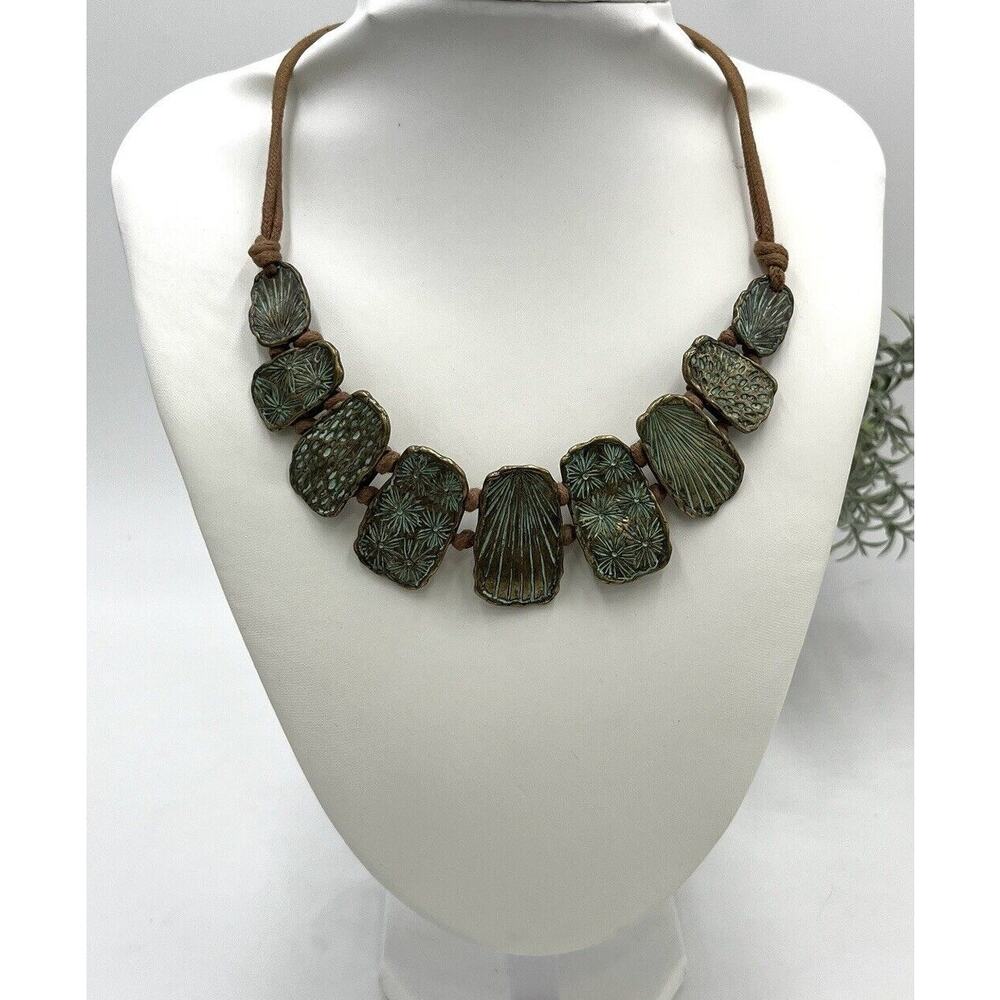 St. Thomas Etched Medallions Copper Tone Brown Suede Patina Statement Necklace‎